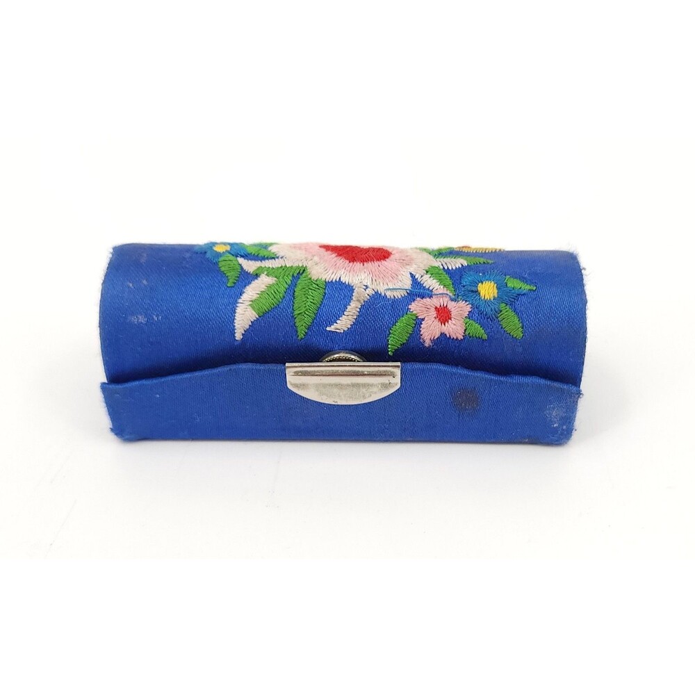 Vtg Chinese Silk Embroidery Lipstick Box Single Lip Case Royal Blue Floral